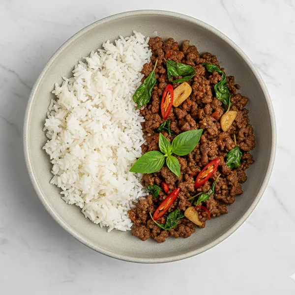 Thai Beef Pad Gra Prow  With Steamed Jasmine Rice